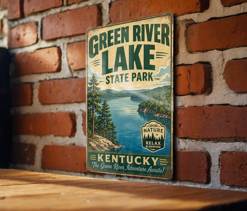A vintage metal sign for Green River Lake State Park in Kentucky, featuring a scenic illustration of the lake surrounded by mountains and pine trees.