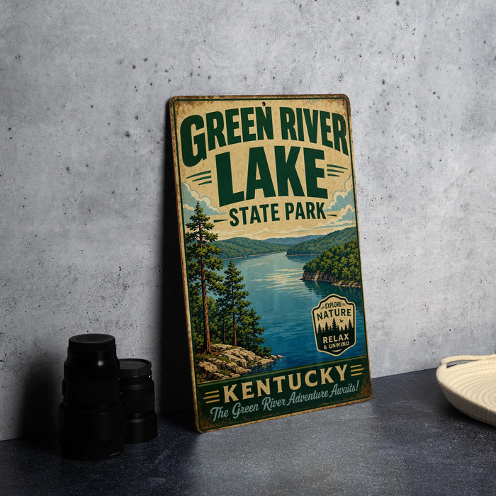 A vintage-style sign for Green River Lake State Park in Kentucky, featuring a scenic illustration of the lake surrounded by trees and mountains.