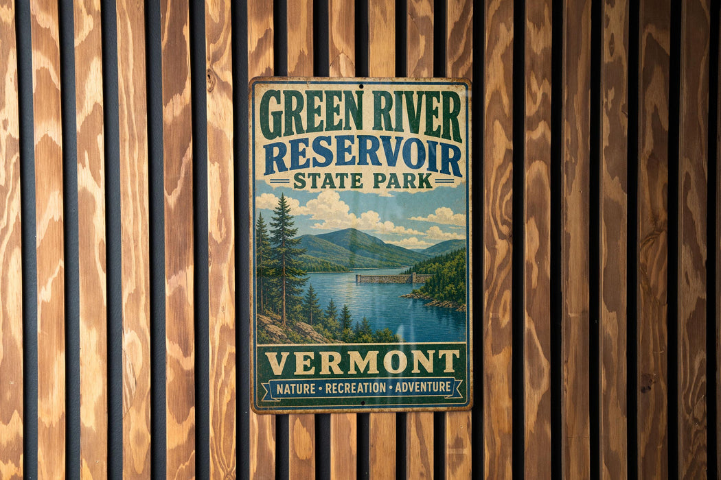 A vintage metal sign for Green River Reservoir State Park in Vermont, featuring a scenic landscape with mountains, trees, and a lake.