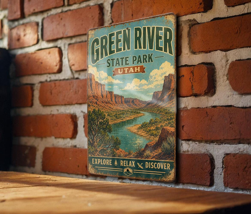 A vintage-style metal sign for Green River State Park in Utah, featuring a scenic illustration of the park's landscape.