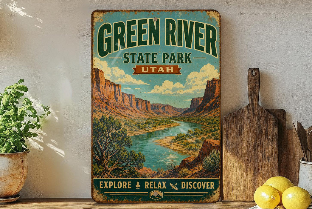 A vintage-style metal sign for Green River State Park in Utah, featuring a scenic illustration of the park's landscape with a river and mountains.