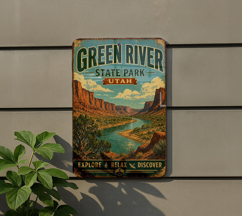 A vintage-style sign for Green River State Park in Utah, featuring a scenic landscape with mountains, a river, and lush vegetation.