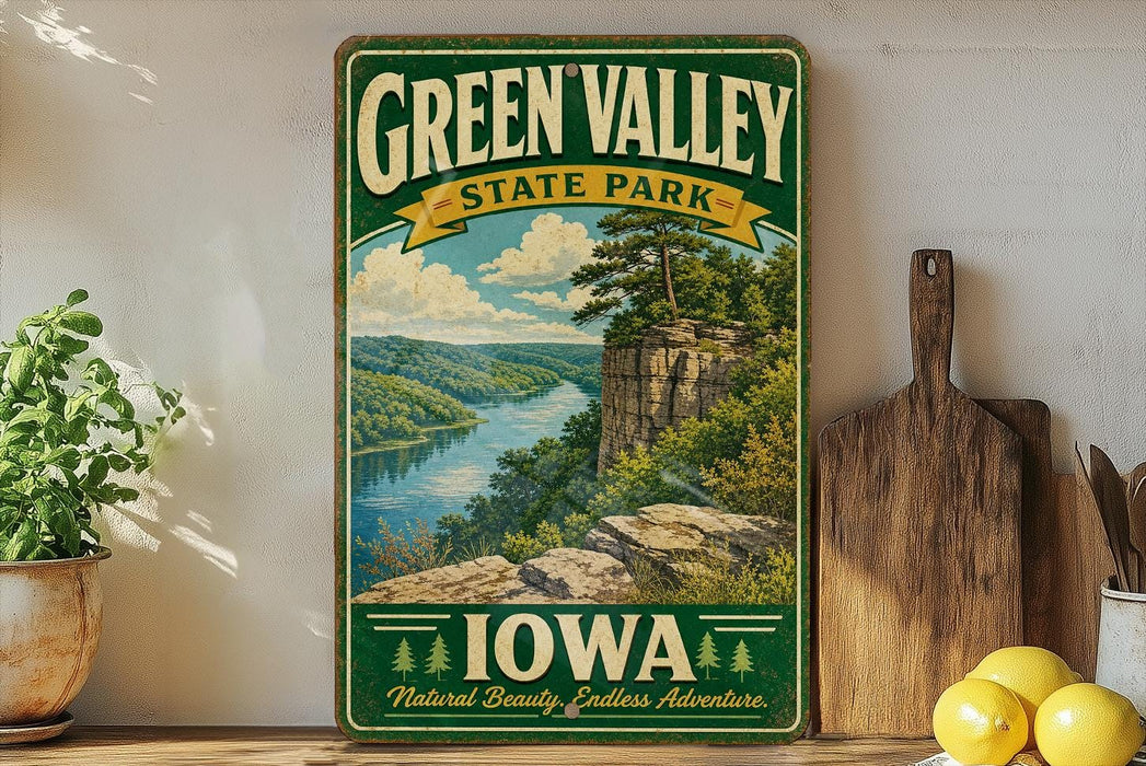 A vintage-style sign for Green Valley State Park in Iowa, featuring a scenic landscape with a river, cliffs, and pine trees.