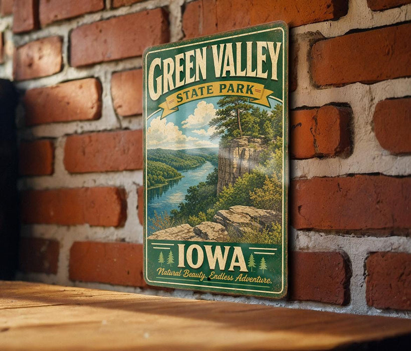 A vintage-style metal sign for Green Valley State Park in Iowa, featuring a scenic landscape with a river, cliffs, and trees.
