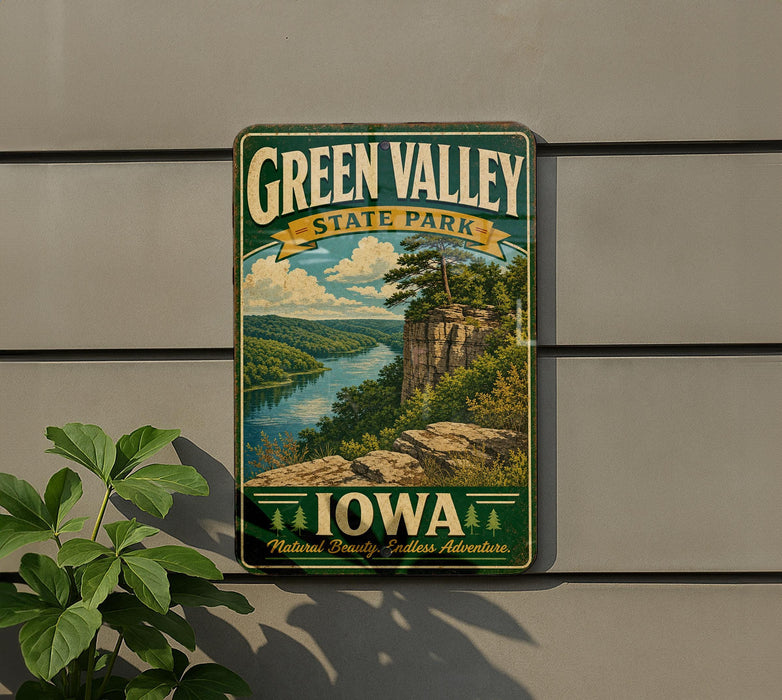 A vintage-style metal sign for Green Valley State Park in Iowa, featuring a scenic landscape with a river, cliffs, and pine trees.