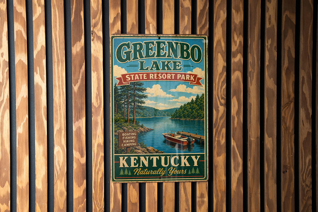 A vintage-style sign for Greenbo Lake State Resort Park in Kentucky, featuring a scenic image of the lake and surrounding landscape.