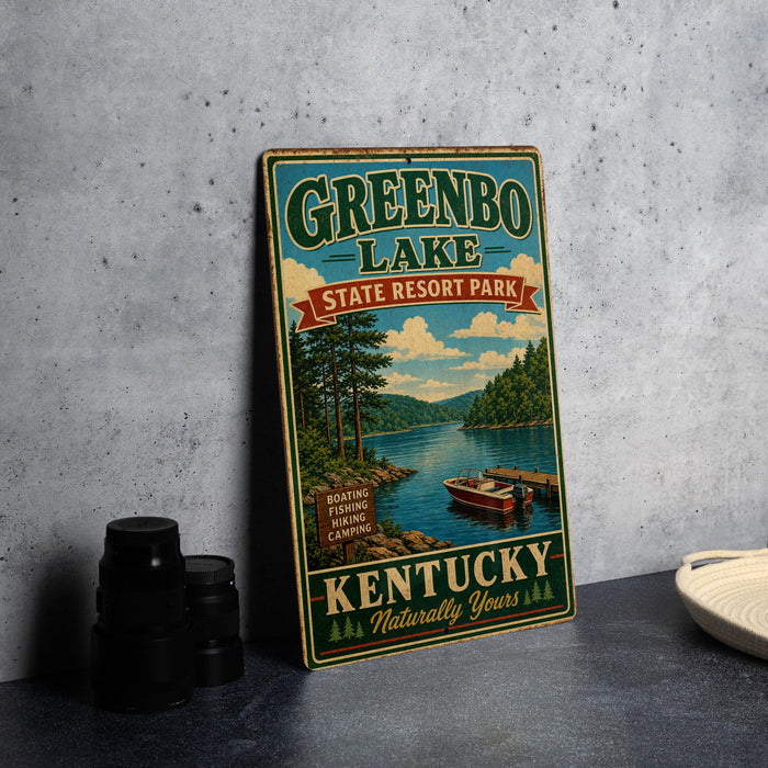A vintage-style sign for Greenbo Lake State Resort Park in Kentucky, featuring a scenic image of the lake and surrounding landscape.