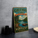 A vintage-style sign for Greenbo Lake State Resort Park in Kentucky, featuring a scenic image of the lake and surrounding landscape.
