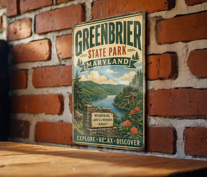 A vintage-style metal sign for Greenbrier State Park, Maryland, featuring a scenic landscape with mountains, lakes, and a cabin.