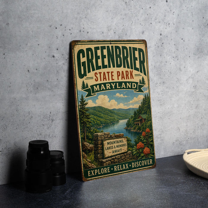 A vintage-style metal sign for Greenbrier State Park, Maryland, featuring a scenic landscape with mountains, lakes, and a sign that says "MOUNTAINS LAKES WAVES".