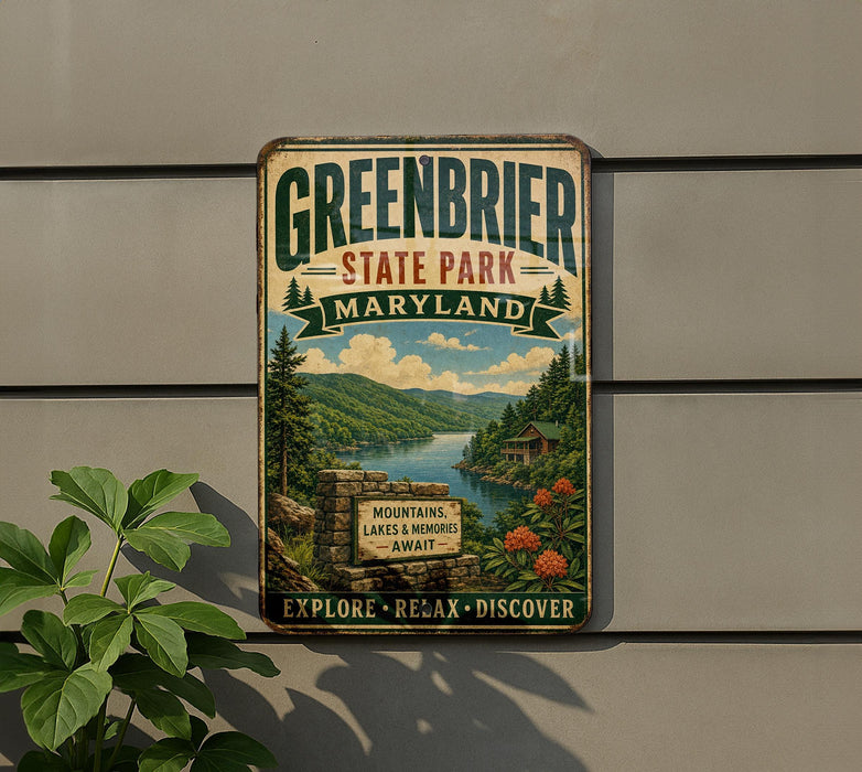 A vintage-style sign for Greenbrier State Park, Maryland, featuring a scenic landscape with mountains, lakes, and forests.