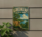 A vintage-style sign for Greenleaf State Park in Oklahoma, featuring a scenic landscape with a river, cliffs, and trees.