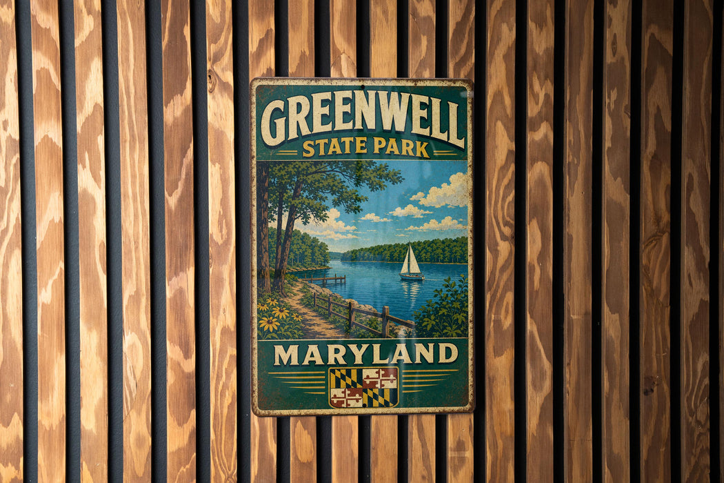 A vintage metal sign for Greenwell State Park in Maryland, featuring a scenic landscape with a lake, trees, and a sailboat.