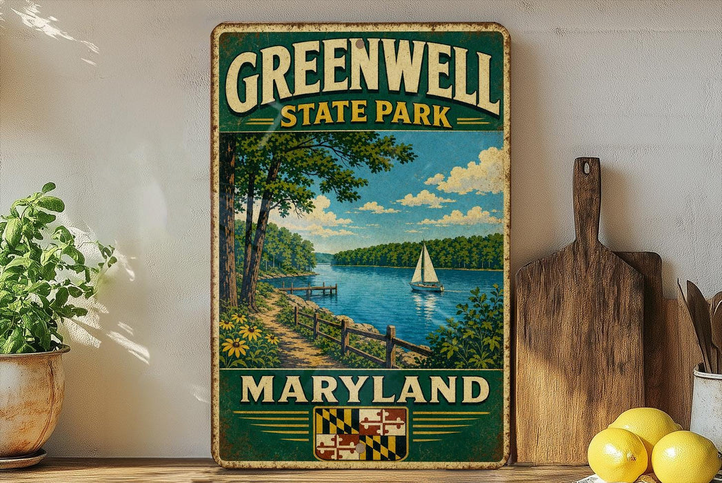 A vintage-style metal sign for Greenwell State Park in Maryland, featuring a scenic landscape with a lake, trees, and a sailboat.