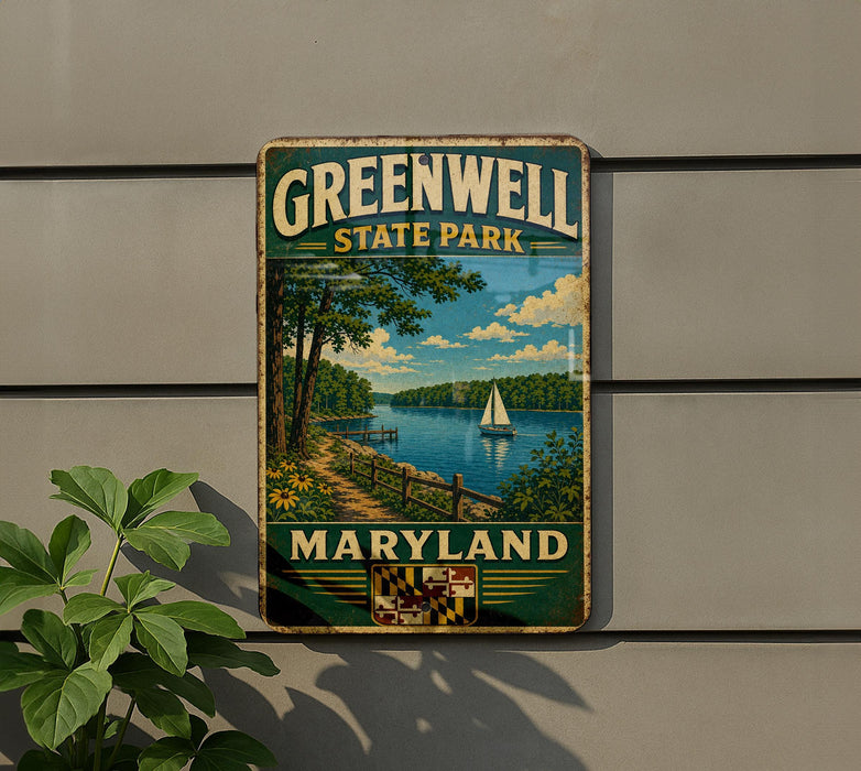A vintage metal sign for Greenwell State Park in Maryland, featuring a scenic landscape with a lake, trees, and a sailboat.