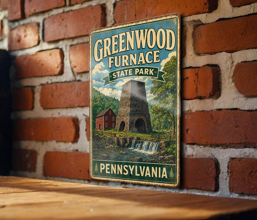 A vintage-style metal sign for Greenwood Furnace State Park in Pennsylvania, featuring a brick wall and a small waterfall in the background.