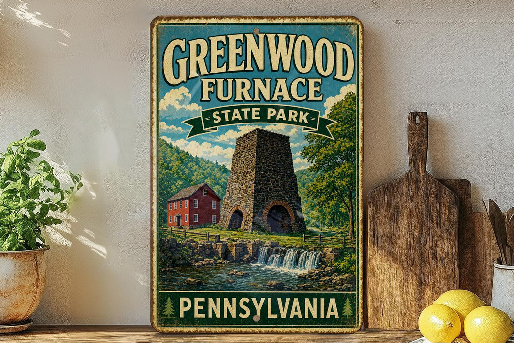 A vintage-style sign for Greenwood Furnace State Park in Pennsylvania, featuring a stone chimney and a red brick building, with a waterfall and lush greenery in the background.