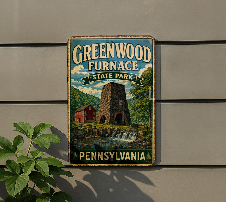 A vintage-style metal sign for Greenwood Furnace State Park in Pennsylvania, featuring a red brick building and a stone chimney with a waterfall in the background.