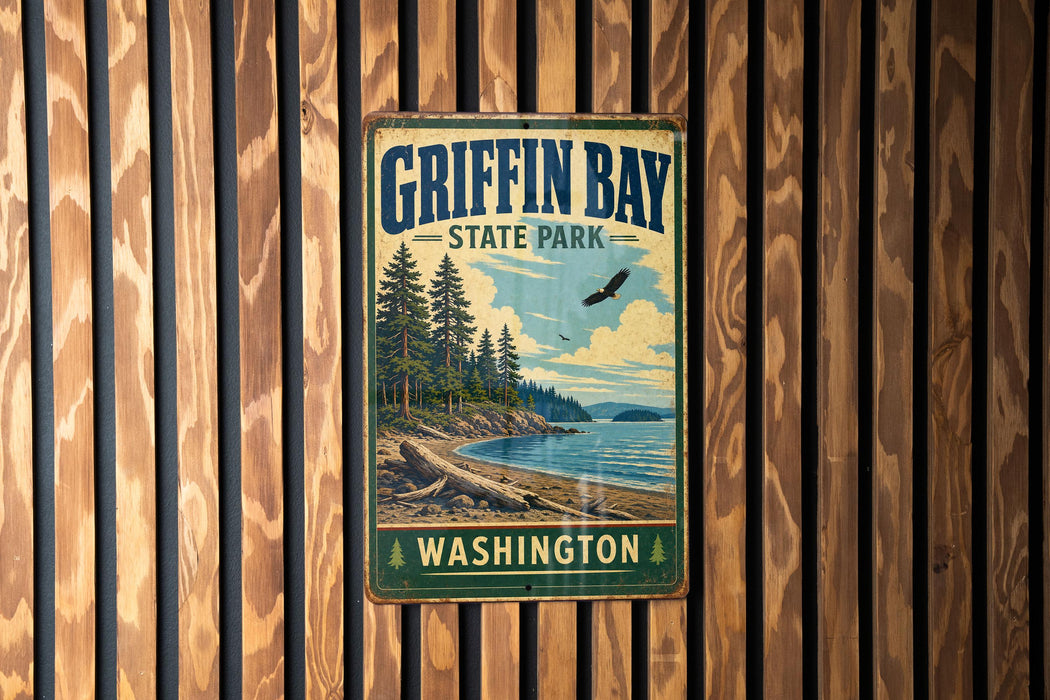A vintage-style metal sign for Griffin Bay State Park in Washington, featuring a scenic landscape with pine trees, a beach, and a bird in flight.