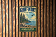 A vintage-style metal sign for Griffin Bay State Park in Washington, featuring a scenic landscape with pine trees, a beach, and a bird in flight.