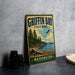 A vintage-style sign for Griffin Bay State Park in Washington, featuring a scenic landscape with pine trees, a lake, and a bird in flight.