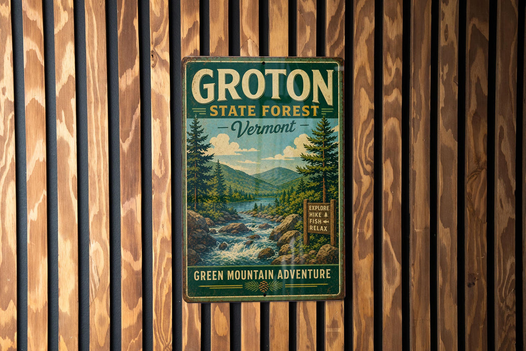A vintage metal sign for Groton State Forest in Vermont, featuring a scenic illustration of a forest and a river.
