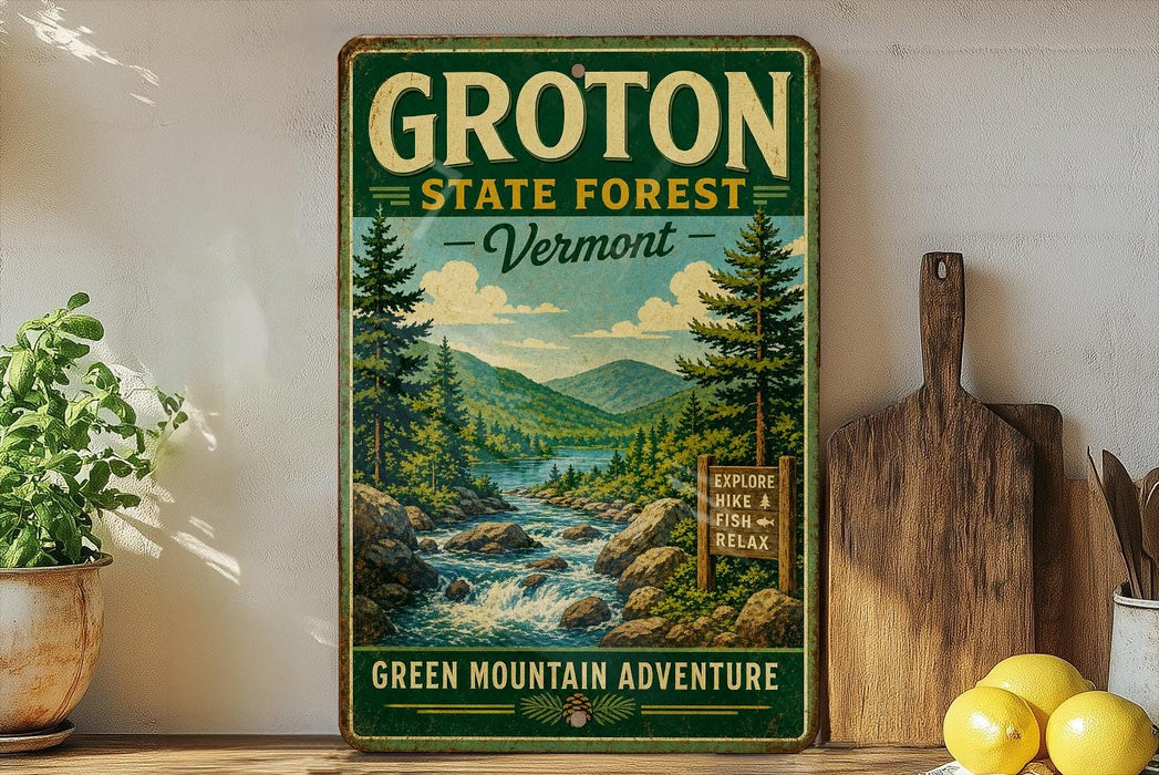 A vintage-style sign for Groton State Forest in Vermont, featuring a scenic mountain landscape with a river and pine trees.