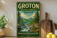 A vintage-style sign for Groton State Forest in Vermont, featuring a scenic mountain landscape with a river and pine trees.