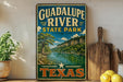 A vintage-style sign for Guadalupe River State Park in Texas, featuring a scenic landscape with a river, mountains, and trees.