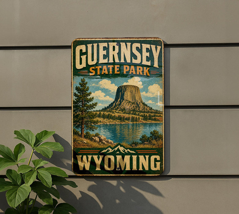 A vintage-style metal sign for Guernsey State Park in Wyoming, featuring a scenic landscape with a mountain, lake, and trees.