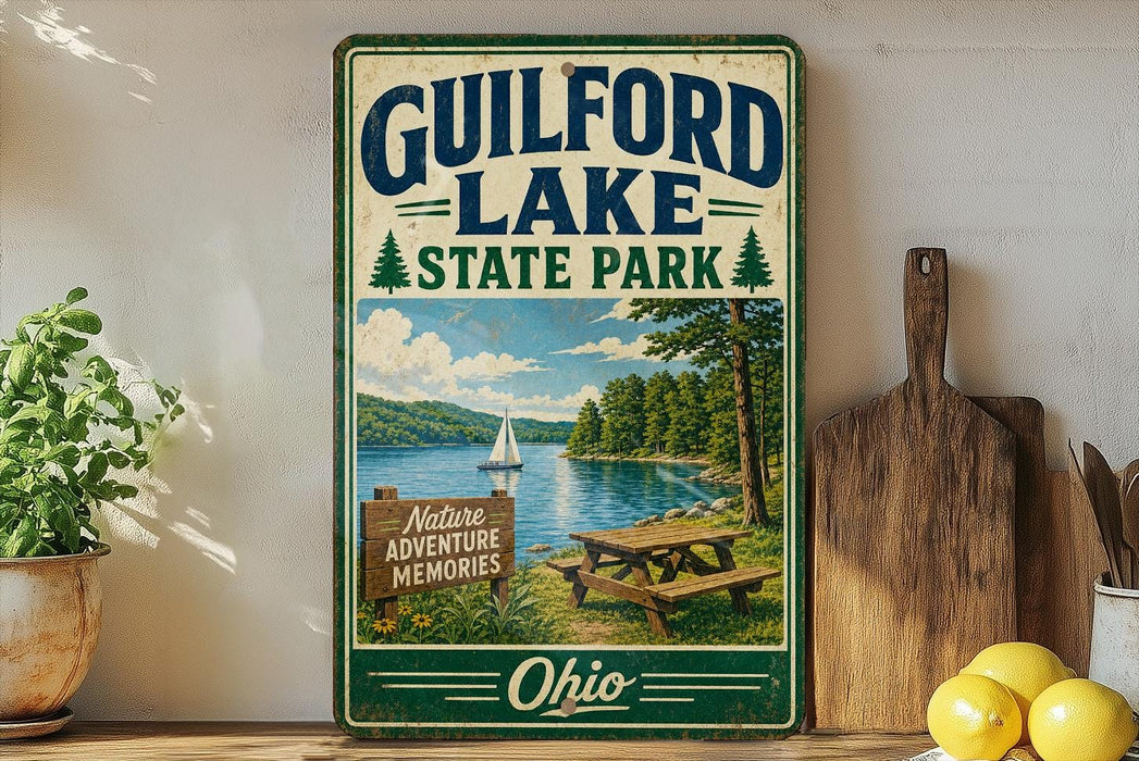 a vintage-style sign for Guilford Lake State Park, with a scenic illustration of a lake, a sailboat, and a picnic area.