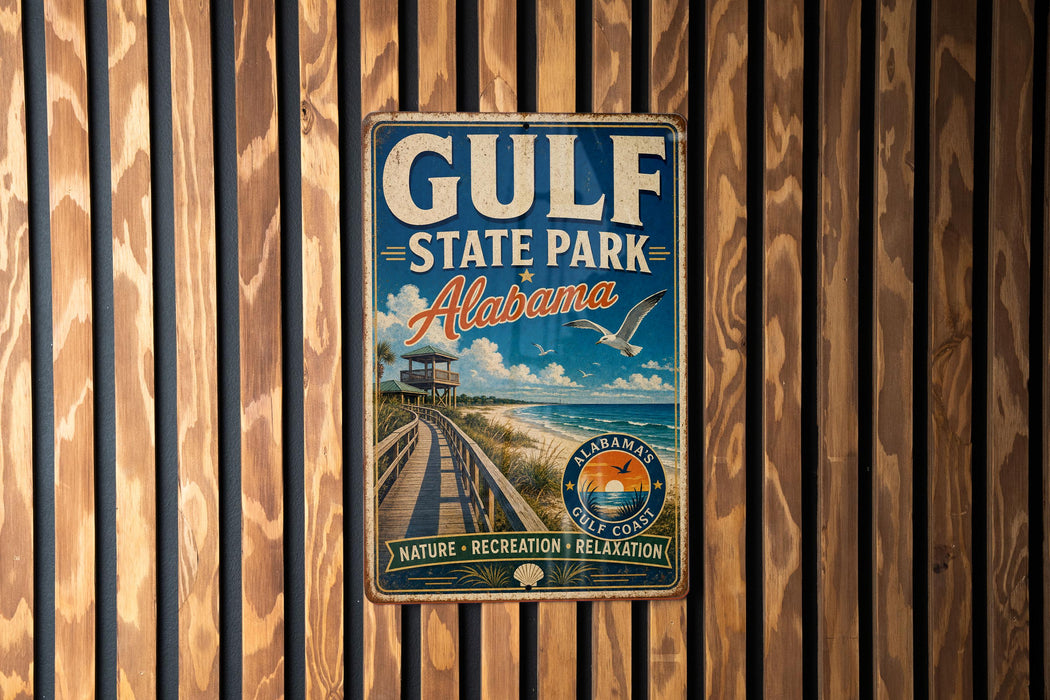 A vintage metal sign for Gulf State Park, Alabama, mounted on a wooden wall.