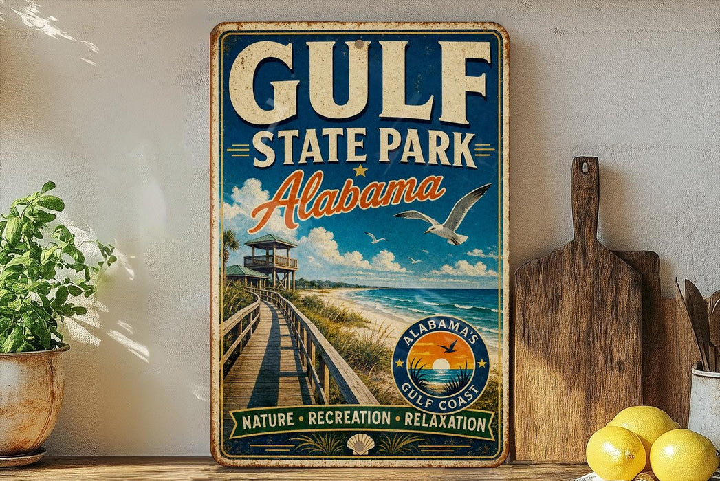 A vintage-style sign for Gulf State Park, Alabama, featuring a wooden boardwalk leading to a beach and palm trees, with a bird flying overhead.