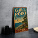A vintage metal sign for Gull Point State Park in Iowa, featuring a scenic landscape with a bird in flight and a sign indicating the park's location.