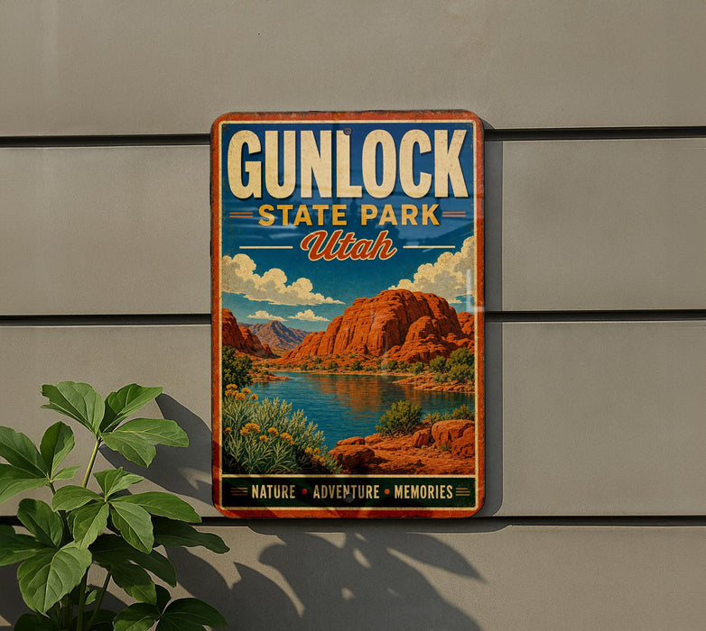 A vintage-style sign for Gunlock State Park in Utah, featuring a scenic landscape with mountains, a lake, and desert vegetation.