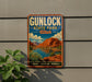 A vintage-style sign for Gunlock State Park in Utah, featuring a scenic landscape with mountains, a lake, and desert vegetation.