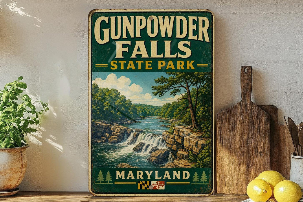 A vintage-style sign for Gunpowder Falls State Park in Maryland, featuring a scenic landscape with a waterfall and forest.
