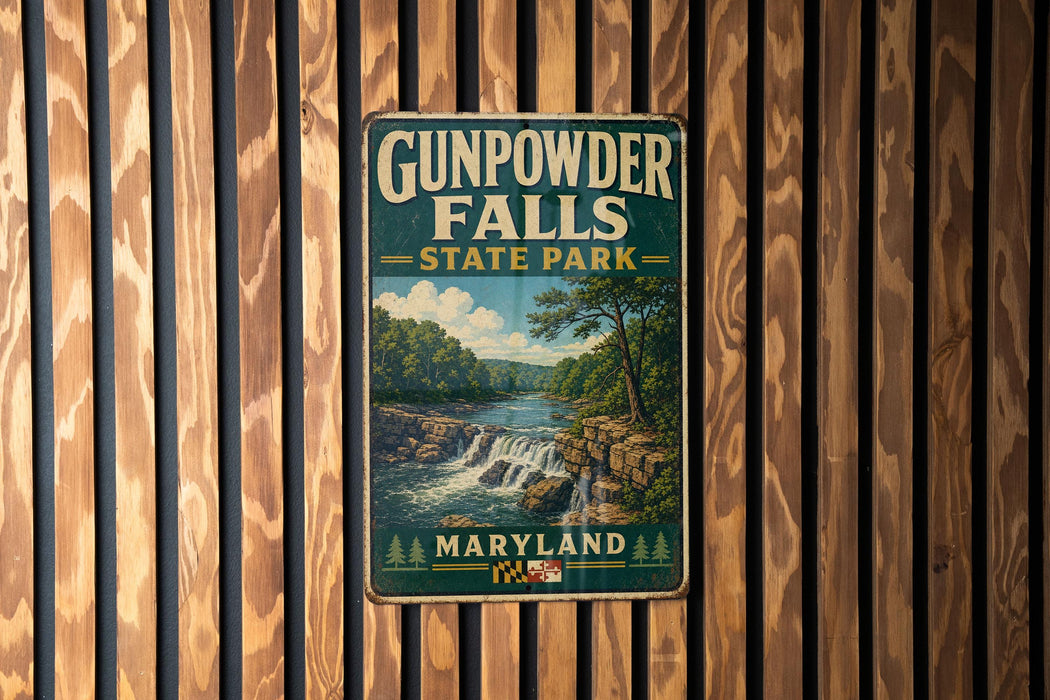 A vintage metal sign for Gunpowder Falls State Park in Maryland, featuring a scenic landscape with a waterfall and forest.