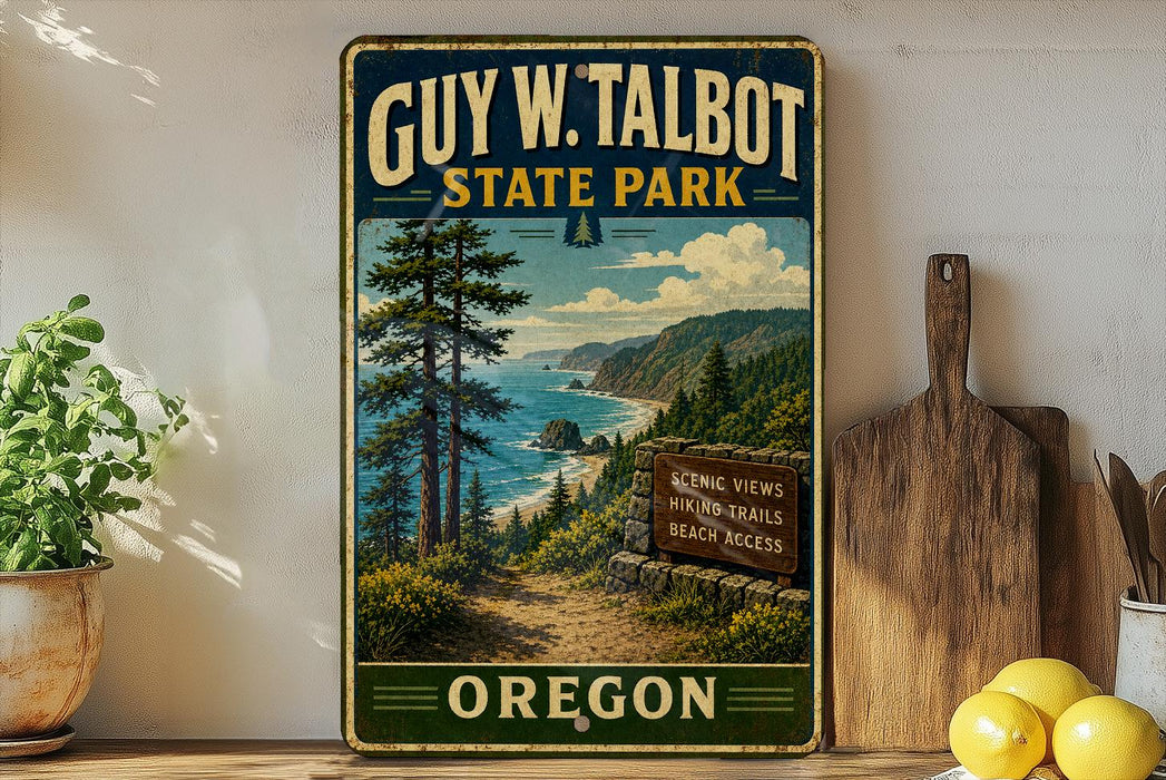 A vintage-style metal sign for Guy W. Talbot State Park in Oregon, featuring a scenic landscape with pine trees, a beach, and a path leading to the park entrance.