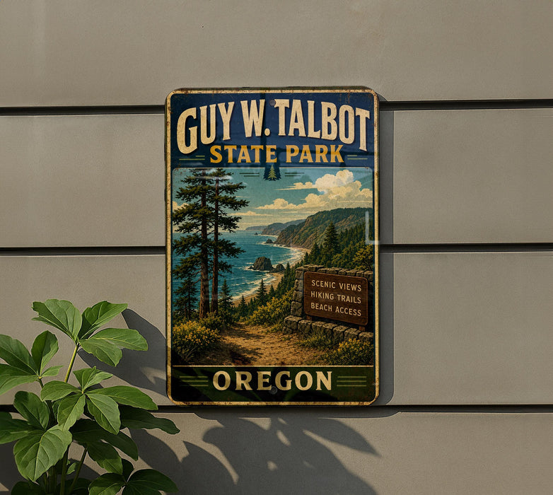 A vintage-style metal sign for Guy W. Talbot State Park in Oregon, featuring a scenic landscape with a trail and a sign indicating the park's name and location.
