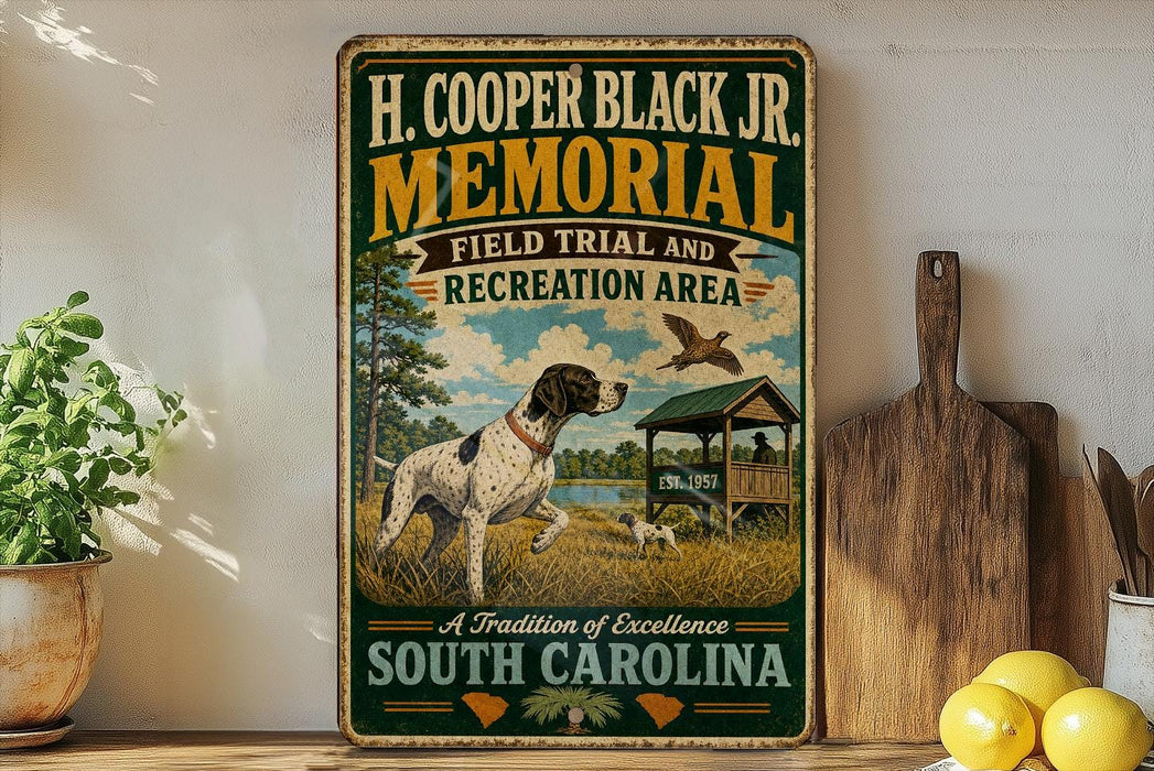 a vintage-style metal sign with a hunting dog illustration, placed on a wooden shelf next to a potted plant and a wooden cutting board.