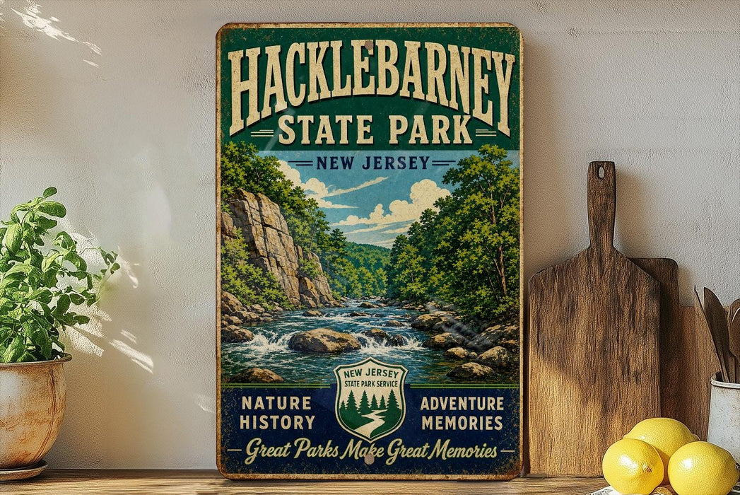 A vintage-style sign for Hacklebarney State Park, New Jersey, featuring a scenic image of a river surrounded by lush greenery.