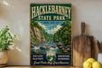 A vintage-style sign for Hacklebarney State Park, New Jersey, featuring a scenic image of a river surrounded by lush greenery.