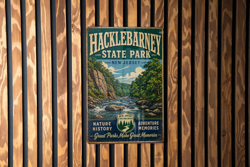 A vintage metal sign for Hackleton Pond State Park in New Jersey, featuring a scenic illustration of a river and forest landscape.