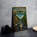 A vintage-style metal sign for Hacklebarney State Park in New Jersey, featuring a scenic illustration of a river and forest landscape.