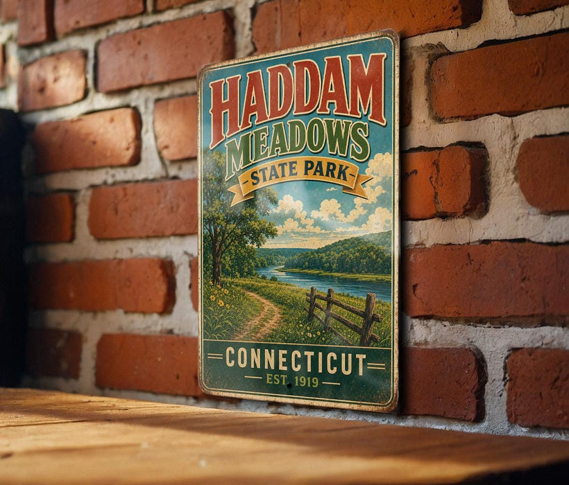 A vintage-style metal sign for Haddam Meadows State Park in Connecticut, featuring a scenic landscape with a river, trees, and a wooden fence.