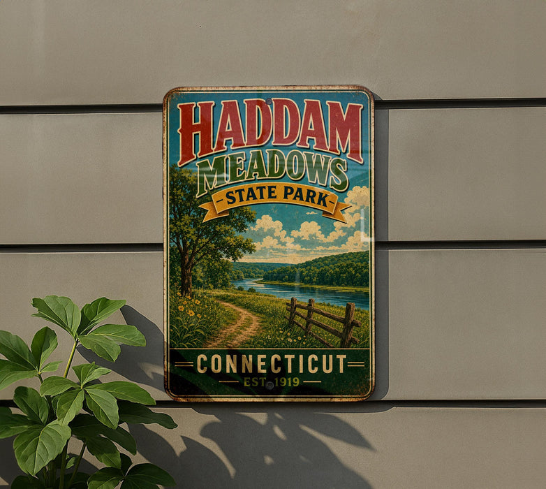 A vintage-style metal sign for Haddam Meadows State Park in Connecticut, featuring a scenic landscape with a path, trees, and a river.