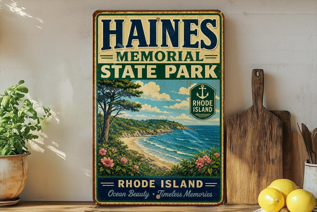 A vintage-style metal sign for Haines Memorial State Park in Rhode Island, featuring a scenic coastal landscape with a beach, ocean, and trees.