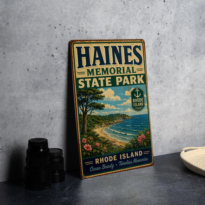 A vintage metal sign for Haines Memorial State Park, featuring a scenic coastal landscape with a beach, ocean, and trees.