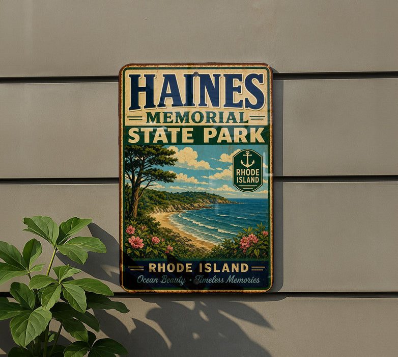 A vintage-style metal sign for Haines Memorial State Park in Rhode Island, featuring a scenic landscape with a beach, mountains, and a blue sky with clouds.